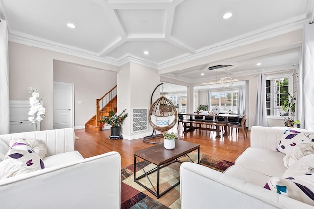 5 Vera Ave, Plainview, NY 11803 - living room with stairs, coffered ceiling, wood finished floors, crown molding, and recessed lighting