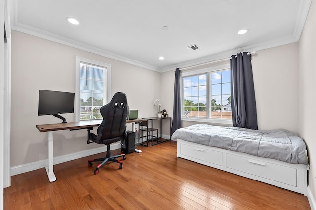 5 Vera Ave, Plainview, NY 11803 - bedroom with wood finished floors, ornamental molding, recessed lighting, and an office area
