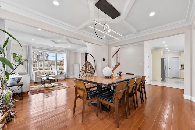 5 Vera Ave, Plainview, NY 11803 - dining space with coffered ceiling, stairs, light wood finished floors, ornamental molding, and beamed ceiling