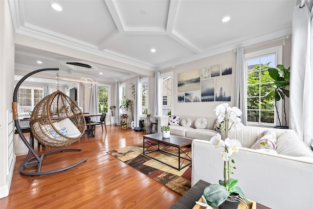 5 Vera Ave, Plainview, NY 11803 - living area featuring plenty of natural light, coffered ceiling, wood-type flooring, beamed ceiling, and crown molding