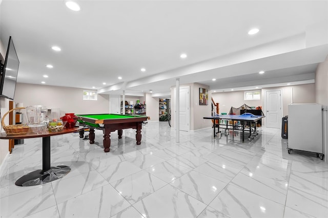 5 Vera Ave, Plainview, NY 11803 - recreation room with plenty of natural light, pool table, recessed lighting, and light marble finish floors