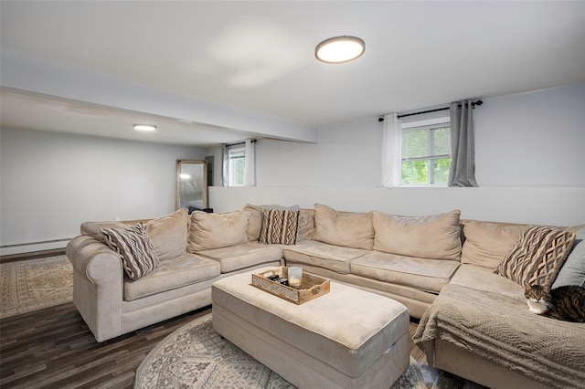 20 Honeymoon Ln, Poughkeepsie, NY 12603 - living room with dark wood finished floors, a baseboard radiator, and plenty of natural light