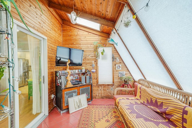 15 Roosevelt Blvd, East Patchogue, NY 11772 - living room with wooden walls, a skylight, tile patterned floors, and wooden ceiling