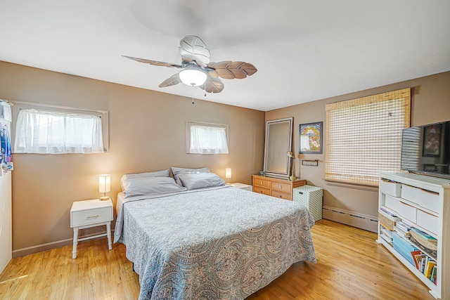 15 Roosevelt Blvd, East Patchogue, NY 11772 - bedroom featuring a baseboard heating unit, light wood-type flooring, and ceiling fan