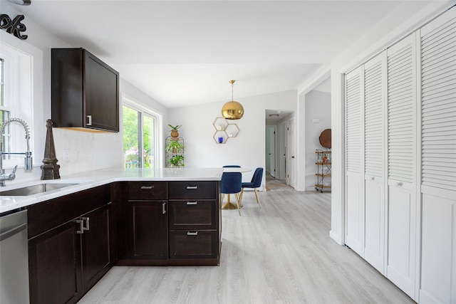 47 Clay Hill Rd, Tivoli, NY 12583 - kitchen with dishwasher, light wood-type flooring, dark brown cabinetry, light countertops, and a peninsula