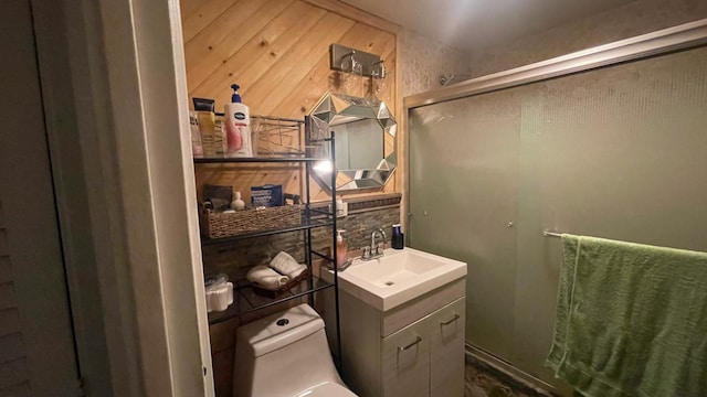 31 N Wayne Ave, West Haverstraw, NY 10993 - bathroom featuring vanity, wooden walls, and a stall shower