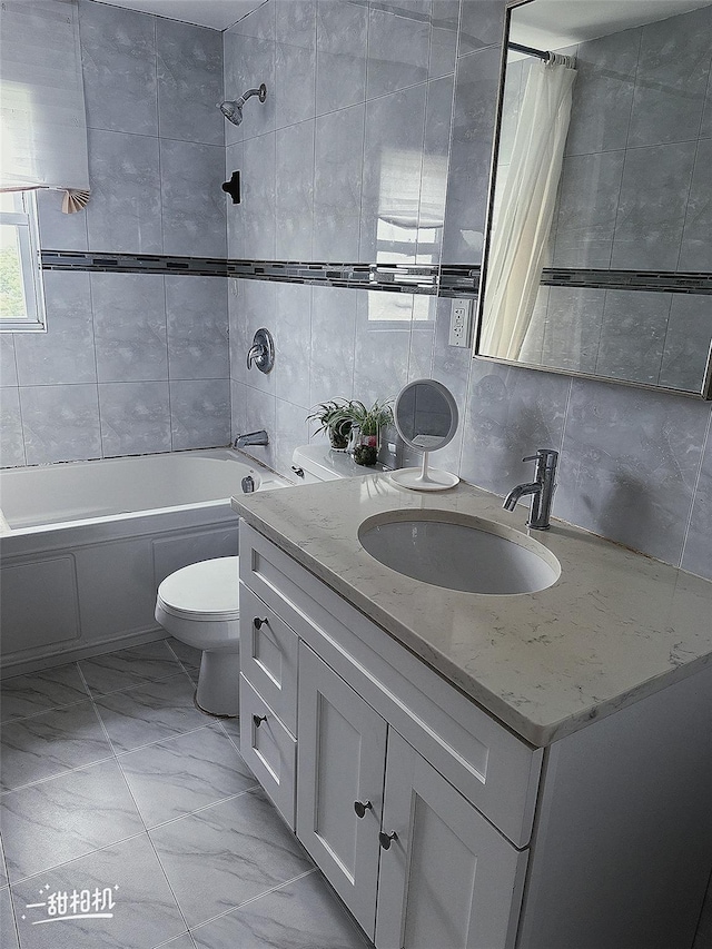 141-31 25th Rd, Flushing, NY 11354 - bathroom featuring tile walls, marble finish floors, vanity, and shower / tub combo with curtain