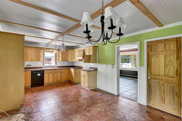 89 Circuit Rd, Bellport, NY 11713 - kitchen featuring dishwasher, healthy amount of natural light, a chandelier, a wainscoted wall, and hanging light fixtures