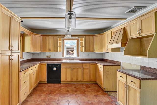 89 Circuit Rd, Bellport, NY 11713 - kitchen featuring black dishwasher, custom exhaust hood, decorative backsplash, and light brown cabinetry