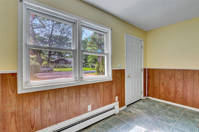 89 Circuit Rd, Bellport, NY 11713 - unfurnished room featuring a baseboard radiator, a wainscoted wall, and wood walls