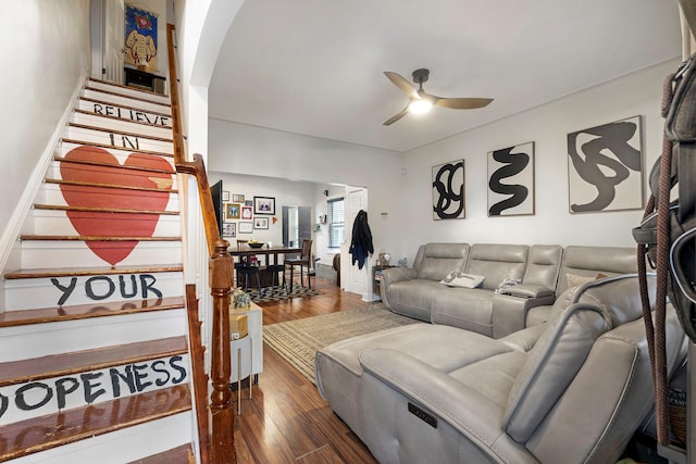 3046 Coddington Ave, Bronx, NY 10461 - living area with a ceiling fan, arched walkways, wood finished floors, and stairway
