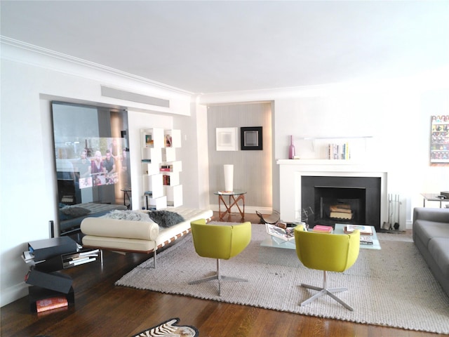 200 E 66th St Unit B1503, New York Manhattan, NY 10065 - living area featuring a fireplace, crown molding, and wood finished floors