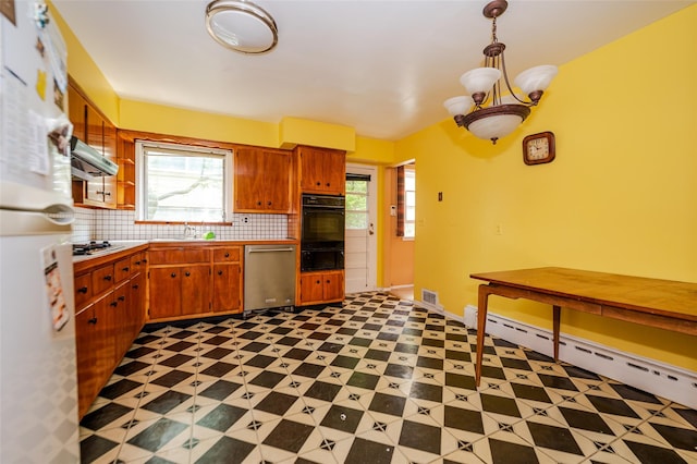 615 E Olive St, Long Beach, NY 11561 - kitchen featuring appliances with stainless steel finishes, a warming drawer, a baseboard radiator, decorative backsplash, and ventilation hood