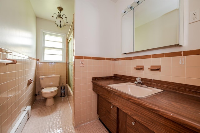 615 E Olive St, Long Beach, NY 11561 - full bath featuring baseboard heating, shower / bathtub combination with curtain, a wainscoted wall, tile walls, and vanity