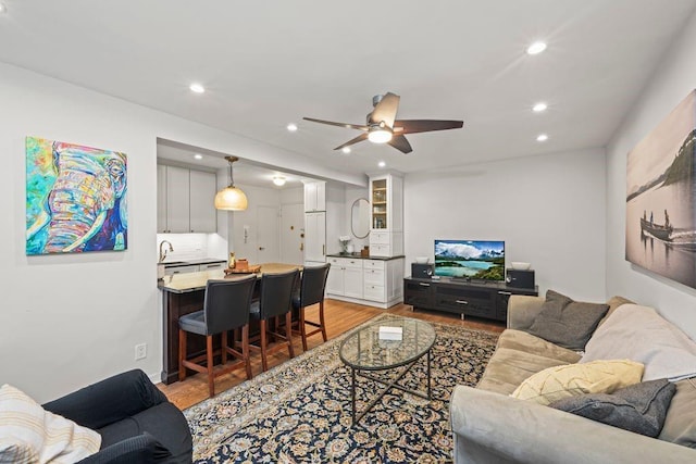 9707 4th Ave Unit 3R, Brooklyn, NY 11209 - living room with light wood-type flooring, ceiling fan, and recessed lighting