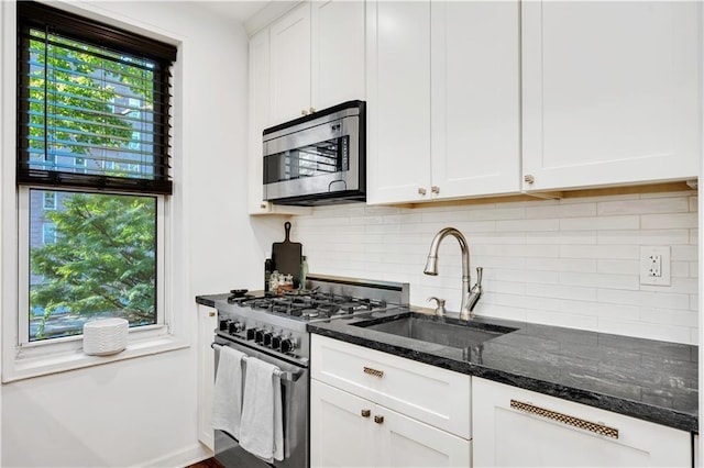 9707 4th Ave Unit 3R, Brooklyn, NY 11209 - kitchen with stainless steel appliances, dark stone countertops, plenty of natural light, and tasteful backsplash