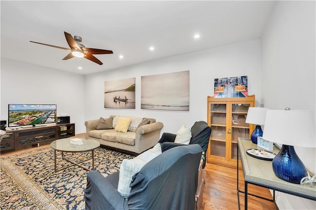 9707 4th Ave Unit 3R, Brooklyn, NY 11209 - living area with wood finished floors, ceiling fan, and recessed lighting