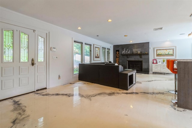 140 Old Farm Rd S, Pleasantville, NY 10570 - foyer featuring crown molding, a tile fireplace, and recessed lighting