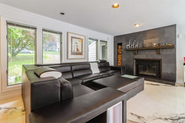 140 Old Farm Rd S, Pleasantville, NY 10570 - living room with plenty of natural light, crown molding, recessed lighting, a fireplace, and wood finished floors
