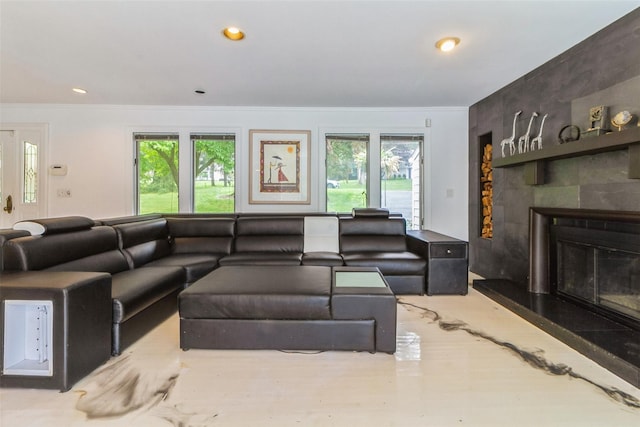 140 Old Farm Rd S, Pleasantville, NY 10570 - living room featuring ornamental molding, a large fireplace, and recessed lighting