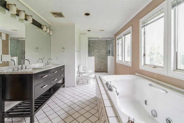 140 Old Farm Rd S, Pleasantville, NY 10570 - full bathroom featuring healthy amount of natural light, a shower stall, a jetted tub, and crown molding