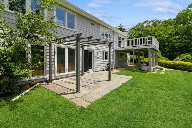 140 Old Farm Rd S, Pleasantville, NY 10570 - back of house featuring a pergola, a lawn, a wooden deck, and a patio area