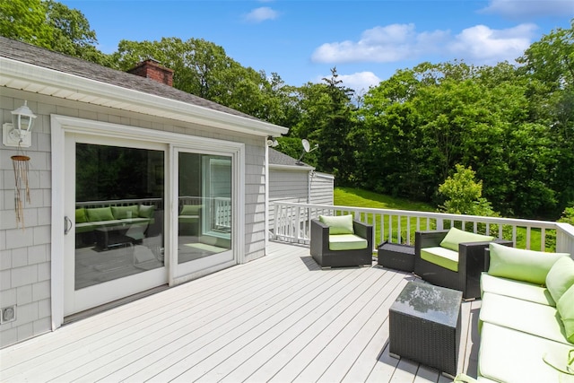 140 Old Farm Rd S, Pleasantville, NY 10570 - wooden terrace featuring an outdoor hangout area and view of scattered trees