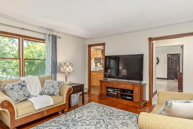 113 Pine St, Port Jefferson Station, NY 11776 - living room featuring crown molding, wood finished floors, and a baseboard heating unit