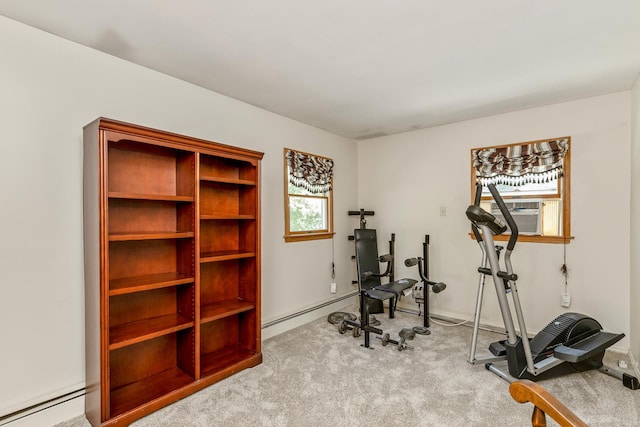 113 Pine St, Port Jefferson Station, NY 11776 - exercise room with cooling unit, carpet floors, and a baseboard radiator