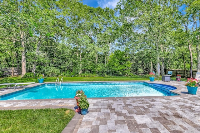 113 Pine St, Port Jefferson Station, NY 11776 - view of swimming pool featuring a patio area and view of wooded area