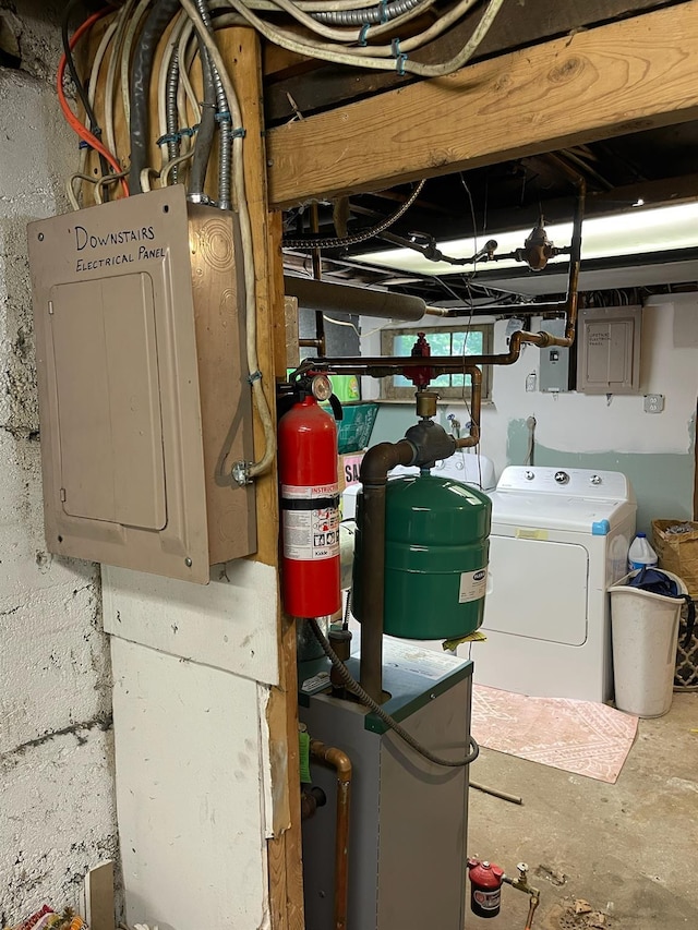 126 Tanglewylde Rd, Lake Peekskill, NY 10579 - utility room with washer / dryer, electric panel, and a heating unit