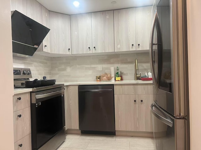 100 Cuttermill Rd Unit 3E, Great Neck, NY 11021 - kitchen featuring appliances with stainless steel finishes, exhaust hood, light countertops, light brown cabinetry, and decorative backsplash