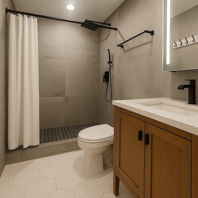 100 Cuttermill Rd Unit 3E, Great Neck, NY 11021 - full bath featuring vanity, tiled shower, tile patterned floors, and recessed lighting