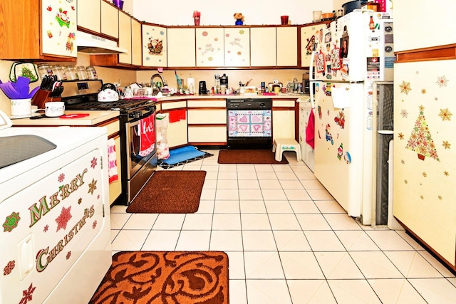467 Carlls Path, Deer Park, NY 11729 - kitchen featuring white appliances, under cabinet range hood, light countertops, and light tile patterned flooring