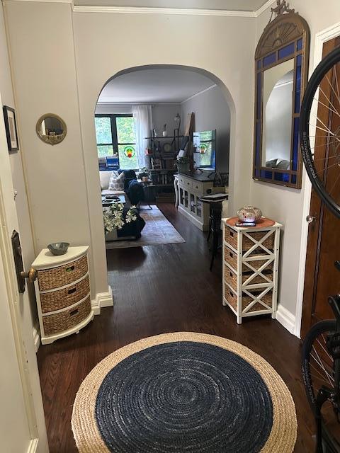240 Alpine Pl Unit 2A, Eastchester, NY 10707 - hall with arched walkways, wood finished floors, and ornamental molding