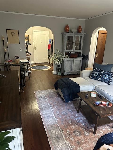 240 Alpine Pl Unit 2A, Eastchester, NY 10707 - living room with arched walkways, wood finished floors, and ornamental molding