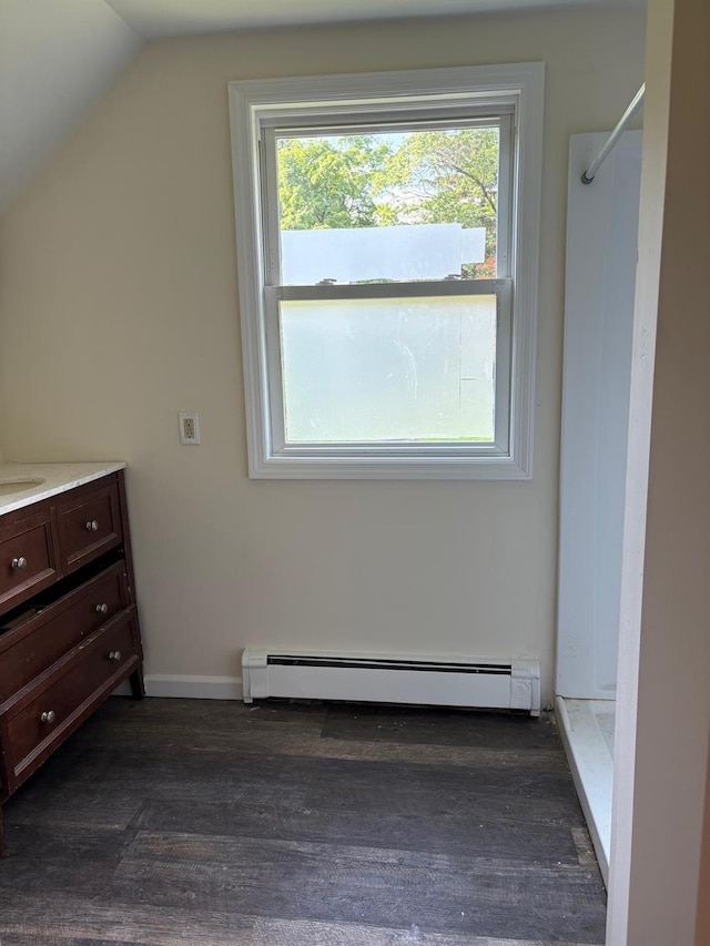270 N Highland Ave, Pearl River, NY 10965 - additional living space featuring a baseboard heating unit, vaulted ceiling, and dark wood-style flooring