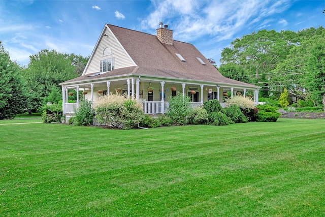 600 Shipyard Ln, East Marion, NY 11939 - back of house featuring a chimney, covered porch, a lawn, and roof with shingles
