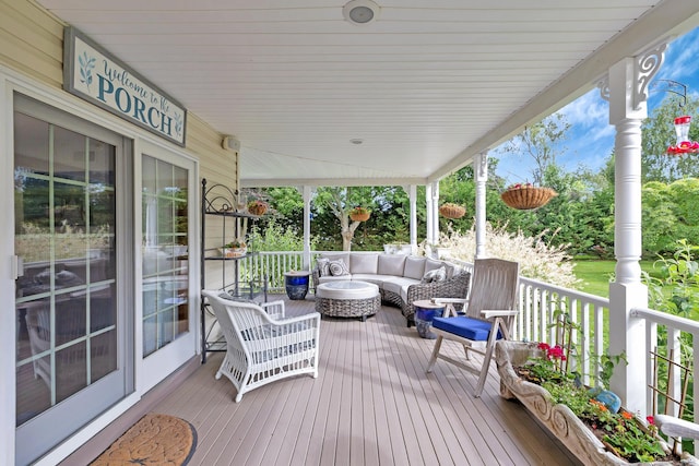 600 Shipyard Ln, East Marion, NY 11939 - wooden porch featuring an outdoor hangout area