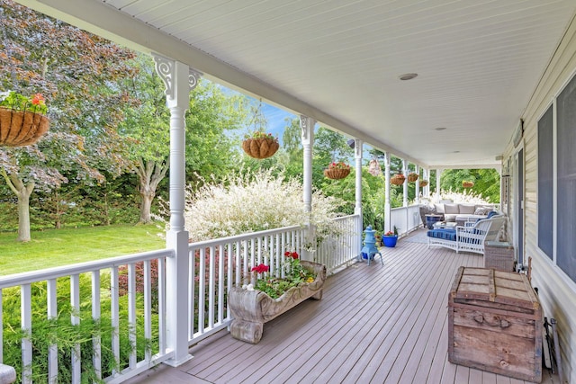 600 Shipyard Ln, East Marion, NY 11939 - wooden porch with an outdoor hangout area and a yard