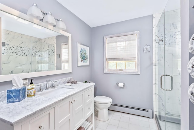 600 Shipyard Ln, East Marion, NY 11939 - bathroom with baseboard heating, vanity, a shower stall, and tile patterned flooring