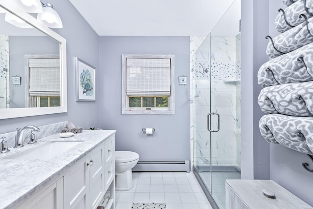 600 Shipyard Ln, East Marion, NY 11939 - full bathroom featuring baseboard heating, vanity, tile patterned flooring, and a marble finish shower