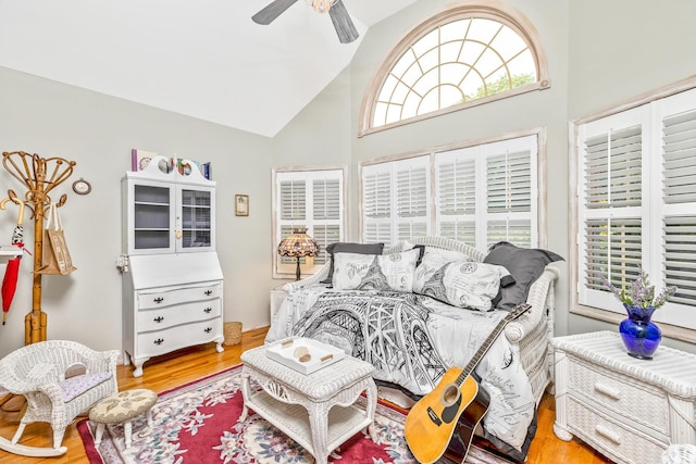 600 Shipyard Ln, East Marion, NY 11939 - bedroom featuring high vaulted ceiling, light wood-style floors, and a ceiling fan