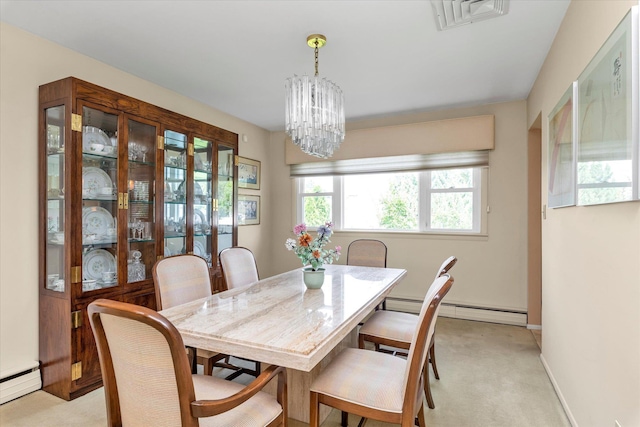 790 Adams St, Baldwin, NY 11510 - dining area with a baseboard heating unit, a baseboard radiator, light colored carpet, and a chandelier