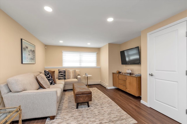 790 Adams St, Baldwin, NY 11510 - living room with dark wood finished floors, recessed lighting, and a baseboard radiator