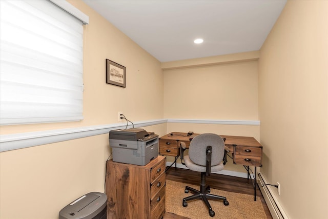 790 Adams St, Baldwin, NY 11510 - office area with wood finished floors, a baseboard heating unit, and recessed lighting
