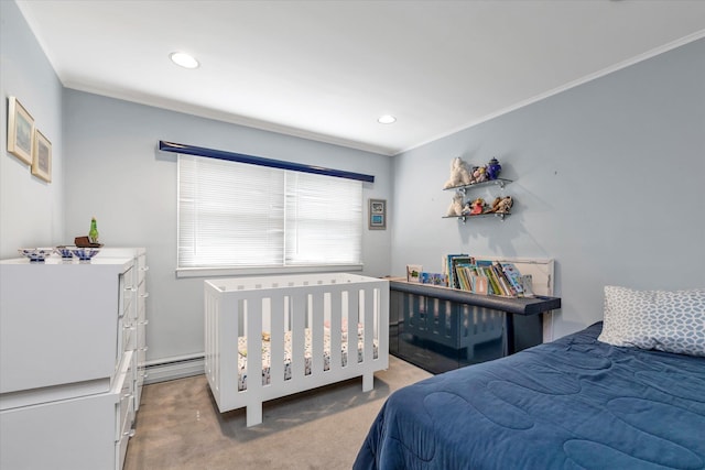790 Adams St, Baldwin, NY 11510 - bedroom with crown molding, light colored carpet, recessed lighting, and baseboard heating