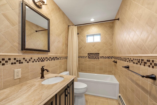 790 Adams St, Baldwin, NY 11510 - full bath with tile walls, shower / tub combo, tile patterned flooring, vanity, and baseboard heating