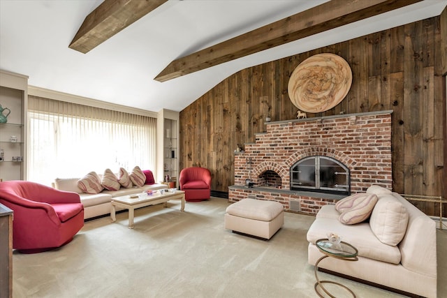 790 Adams St, Baldwin, NY 11510 - living area featuring wood walls, beamed ceiling, carpet floors, a fireplace, and high vaulted ceiling