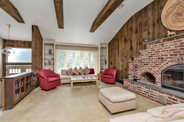 790 Adams St, Baldwin, NY 11510 - carpeted living area featuring wooden walls, beam ceiling, and a brick fireplace